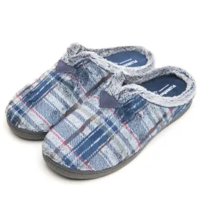 Mens Bedroom Slippers Navy/Multi Check Mule Plumaflex Memory Foam 12273