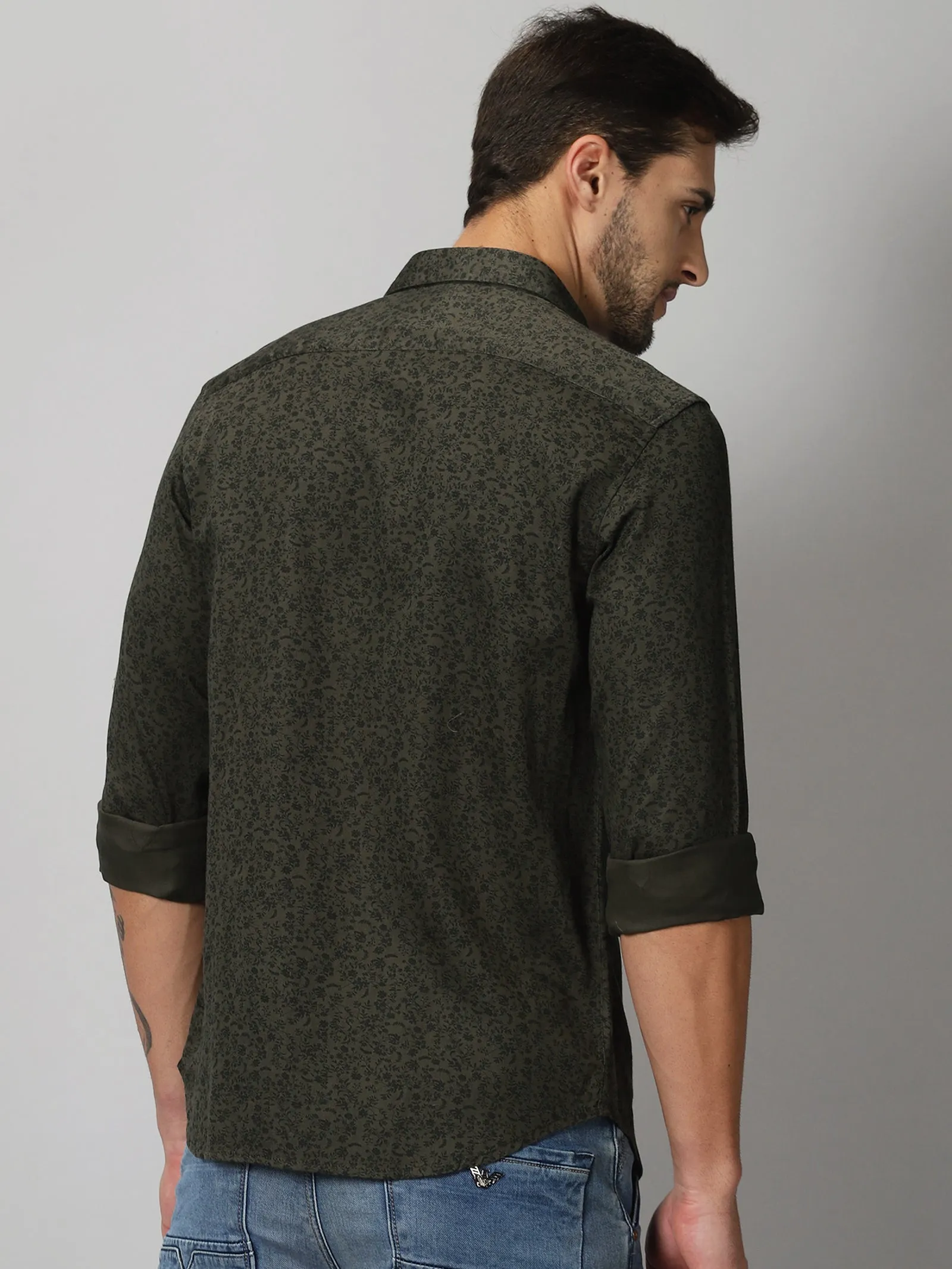 MEN'S DK OLIVE PRINT SLIM FIT SHIRT