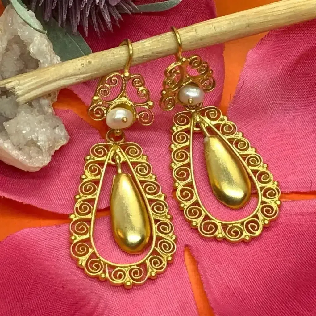 Mexican gold vermeil filigree drop pearl earrings