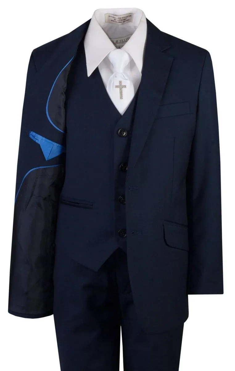 Navy Blue Slim Fit Communion Suit Religious Cross Neck Tie Boys Youth Sizes