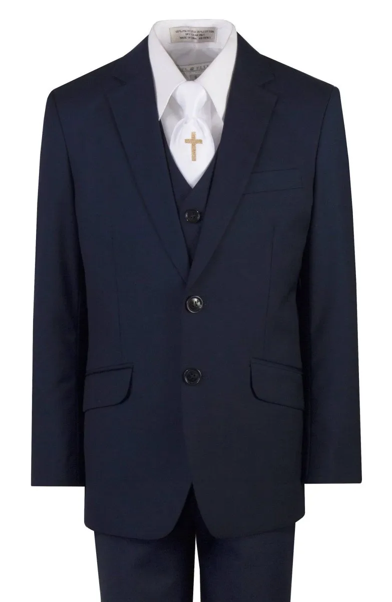 Navy Blue Slim Fit Communion Suit Religious Cross Neck Tie Boys Youth Sizes