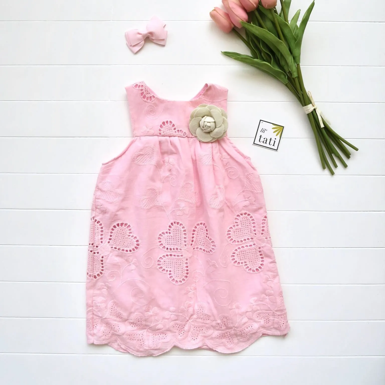 Peony Dress in Hearts Eyelet Pink