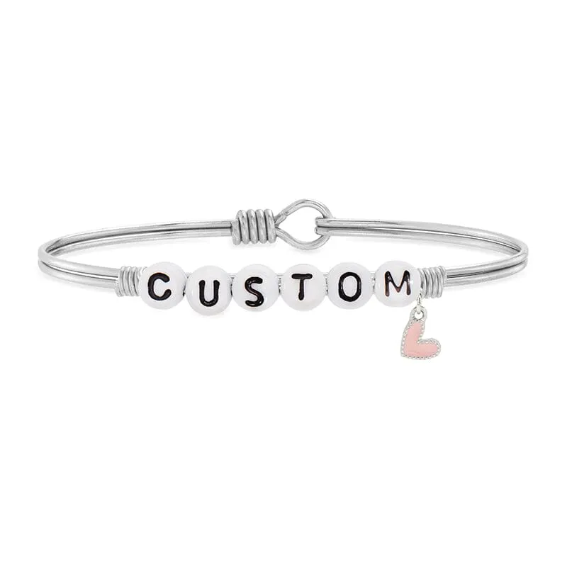 Personalized Letter Bead Bangle Bracelet with Pink Heart Charm