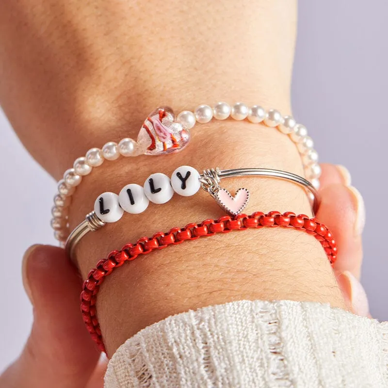 Personalized Letter Bead Bangle Bracelet with Pink Heart Charm