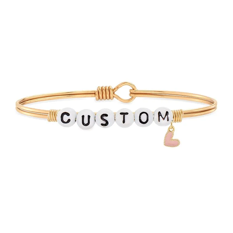 Personalized Letter Bead Bangle Bracelet with Pink Heart Charm