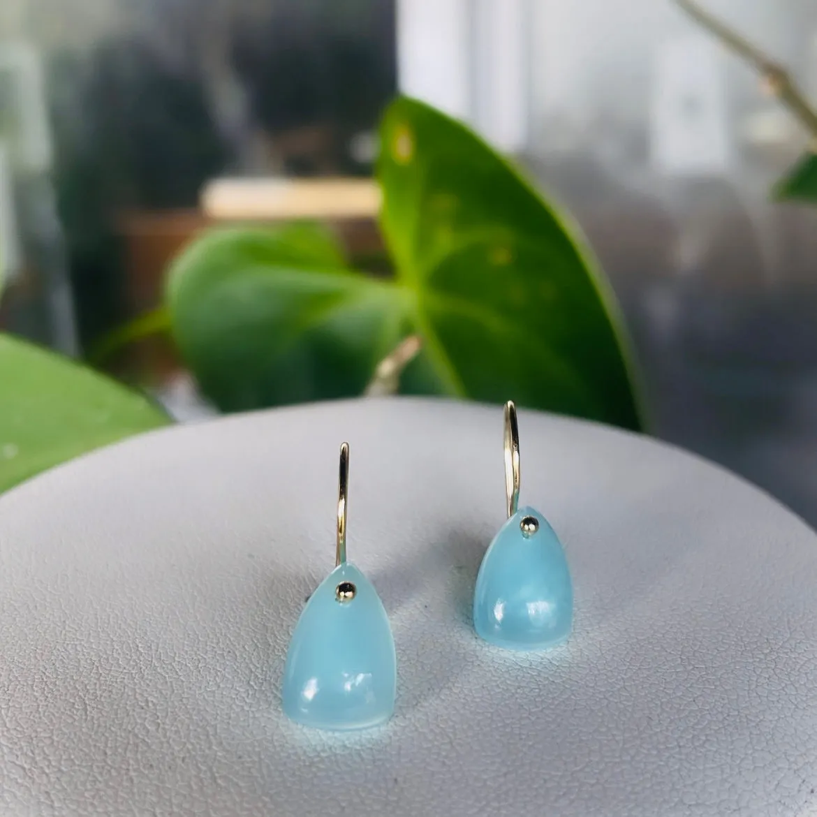 Petite shield earrings in aqua chalcedony