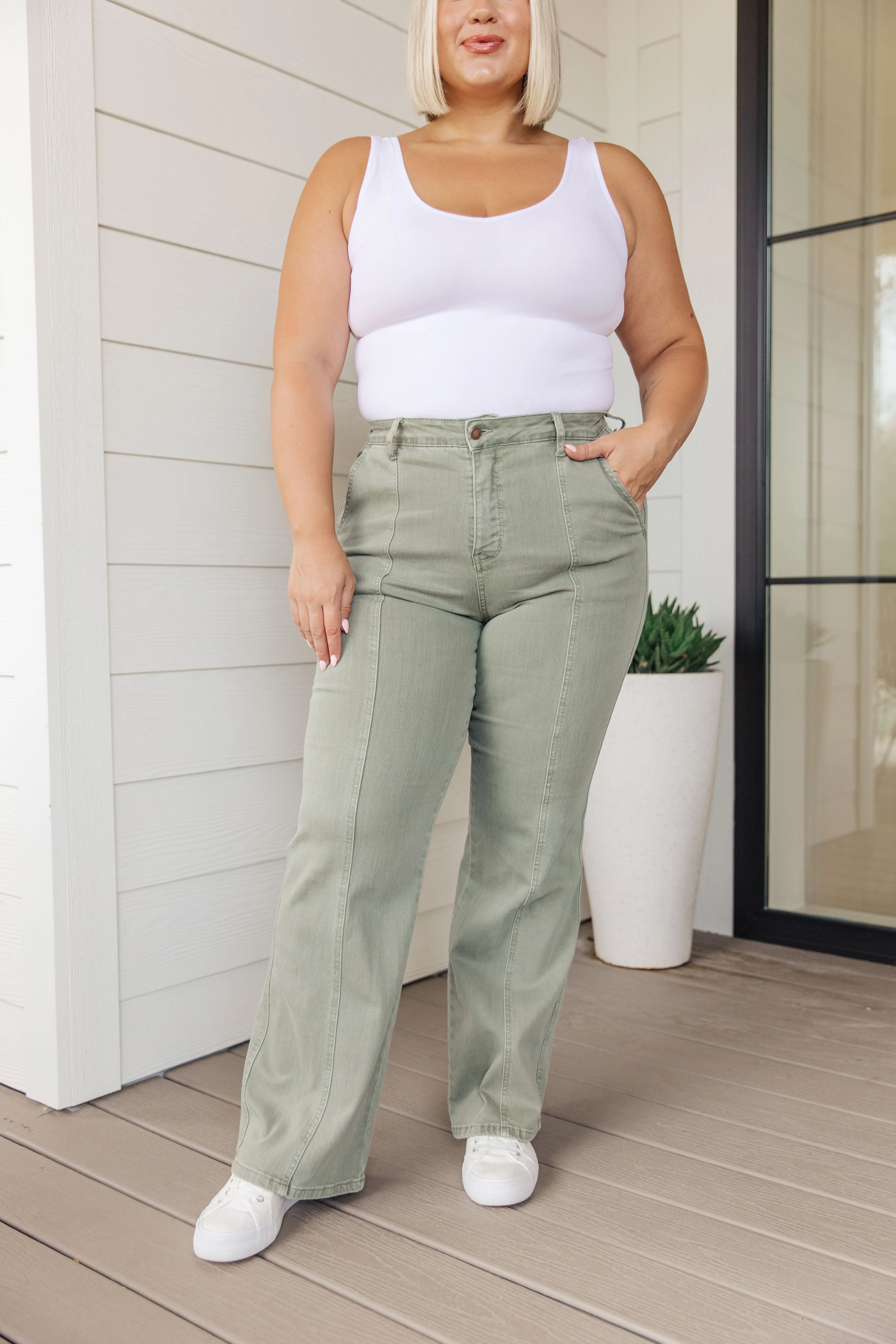 Phoebe High Rise Front Seam Straight Jeans in Sage