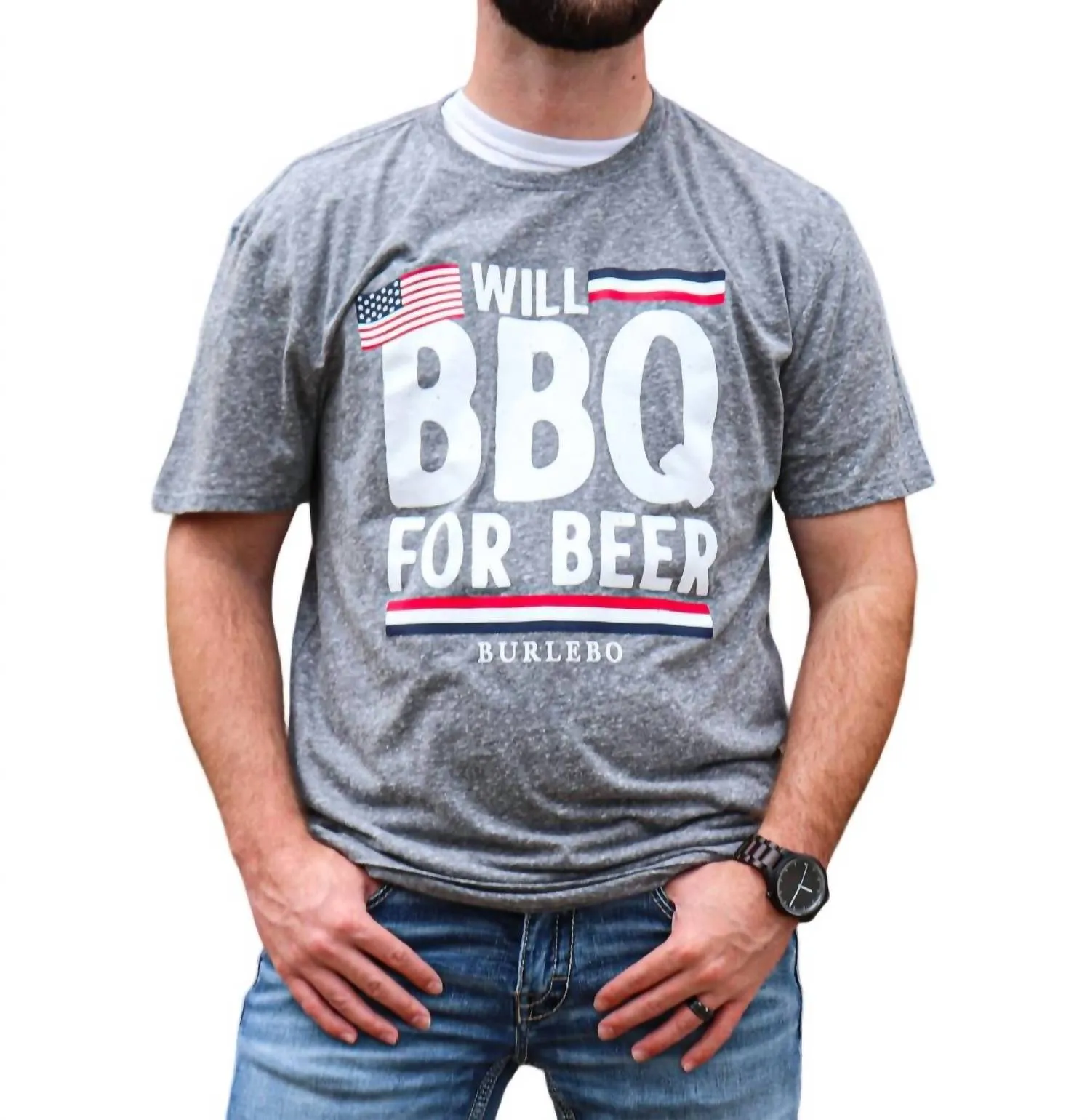 "will Bbq For Beer" Short Sleeve Tee In Heather Grey