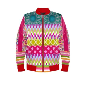 Red Calypso Patchwork Unisex Satin Bomber Jacket