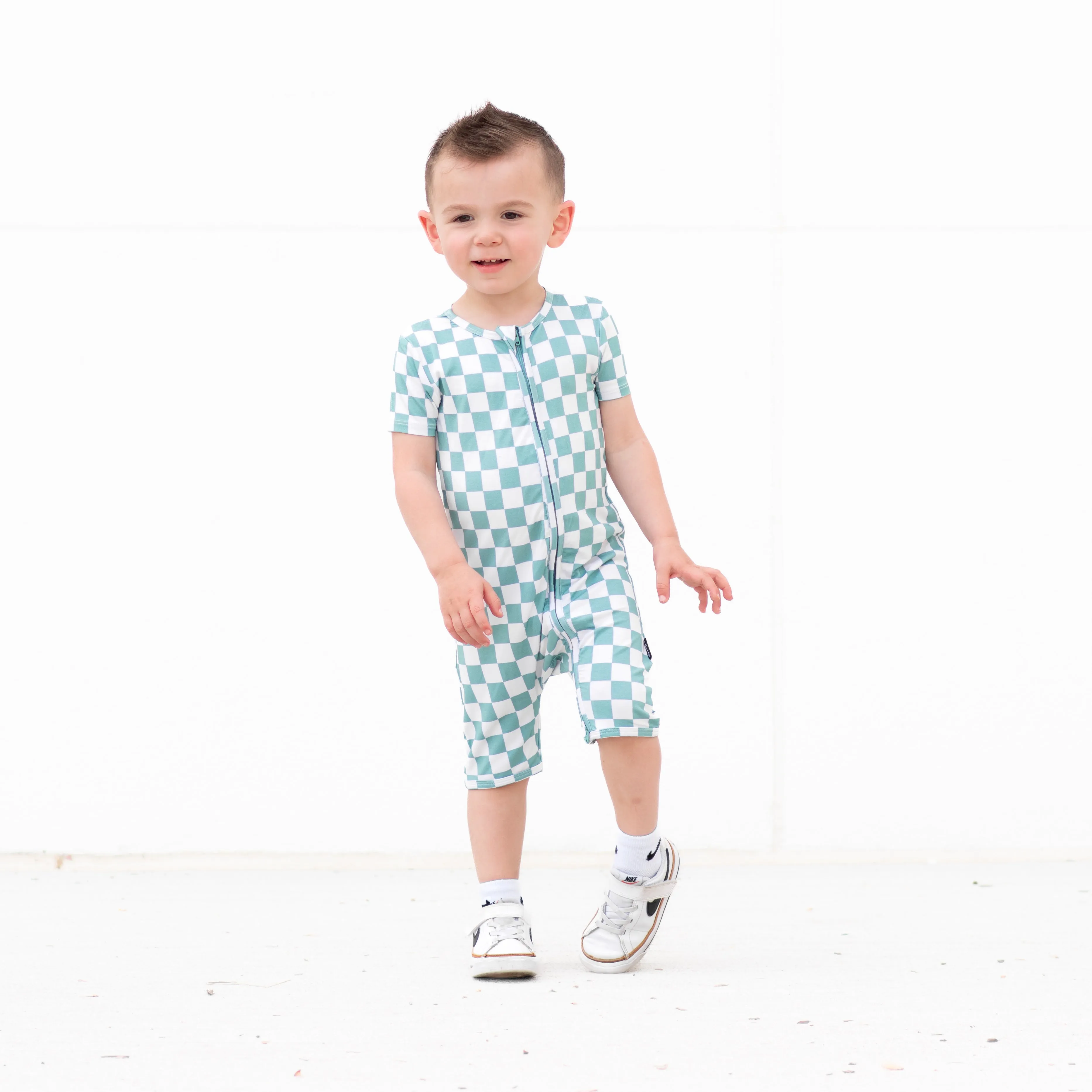 SHORTIE ZIP ROMPER - Sage Check