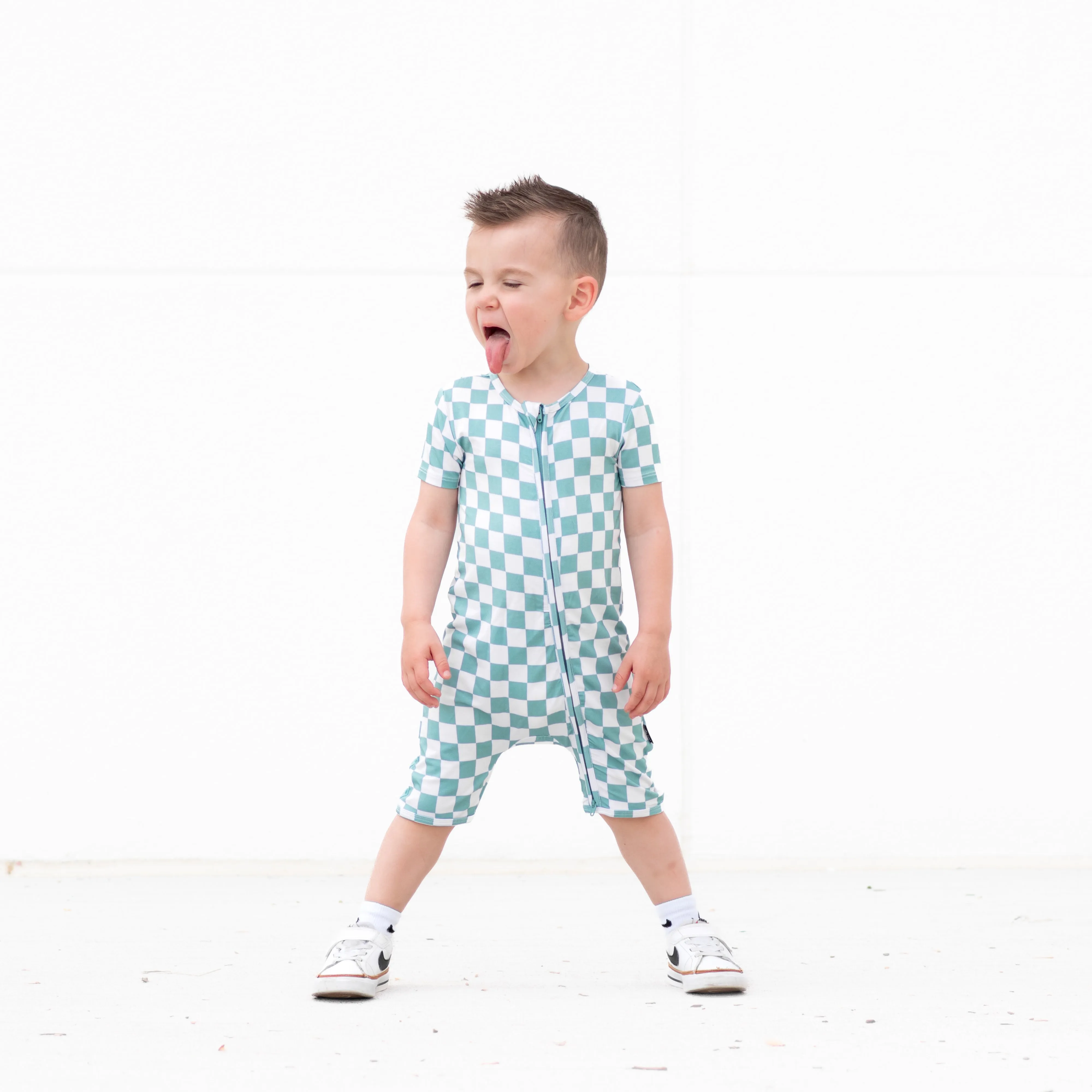 SHORTIE ZIP ROMPER - Sage Check