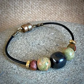 Shungite Bracelet with Unakite & Red Creek Jasper on Leather & Brass