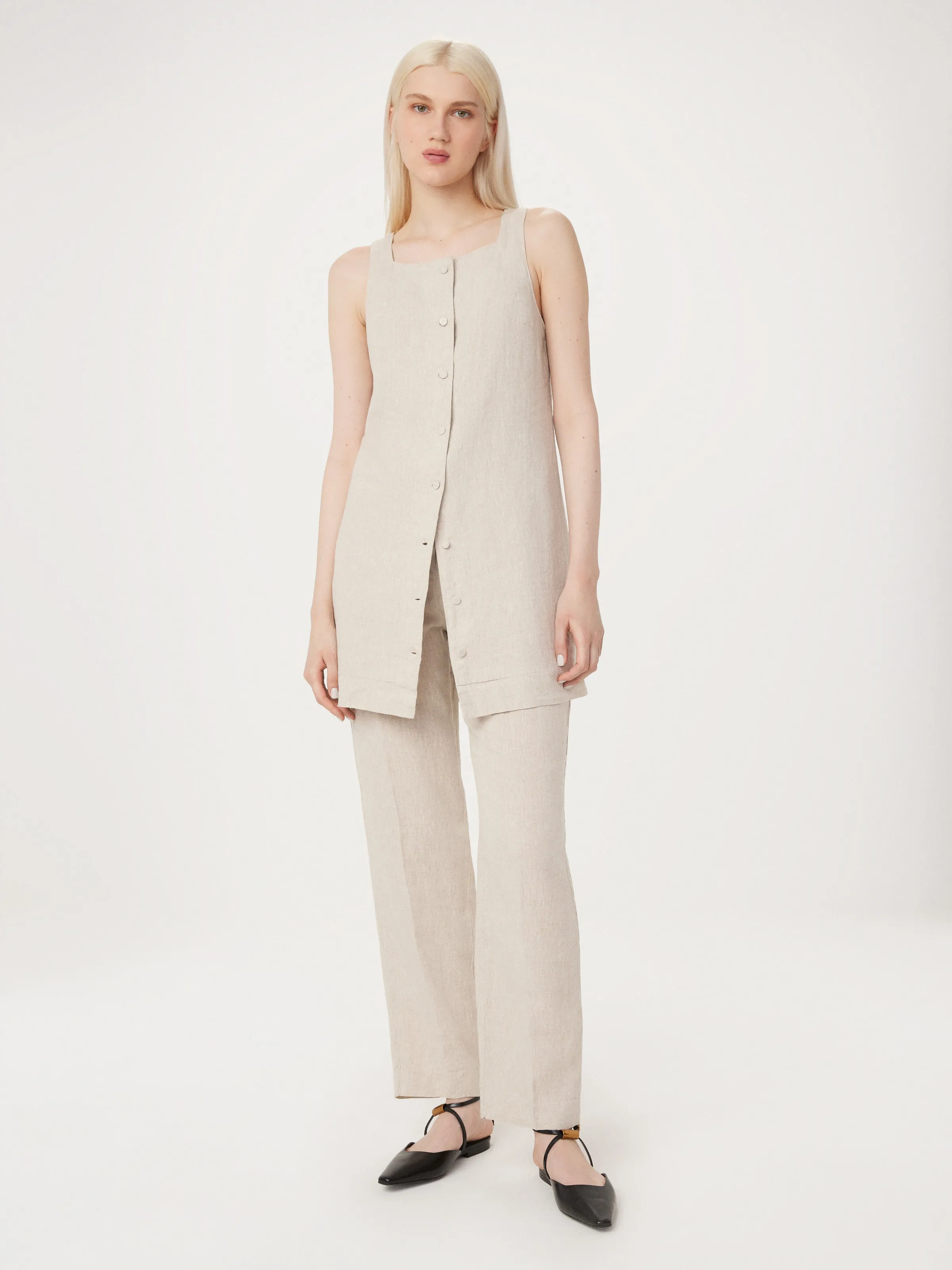 The Jane Linen Straight Pant in Light Beige