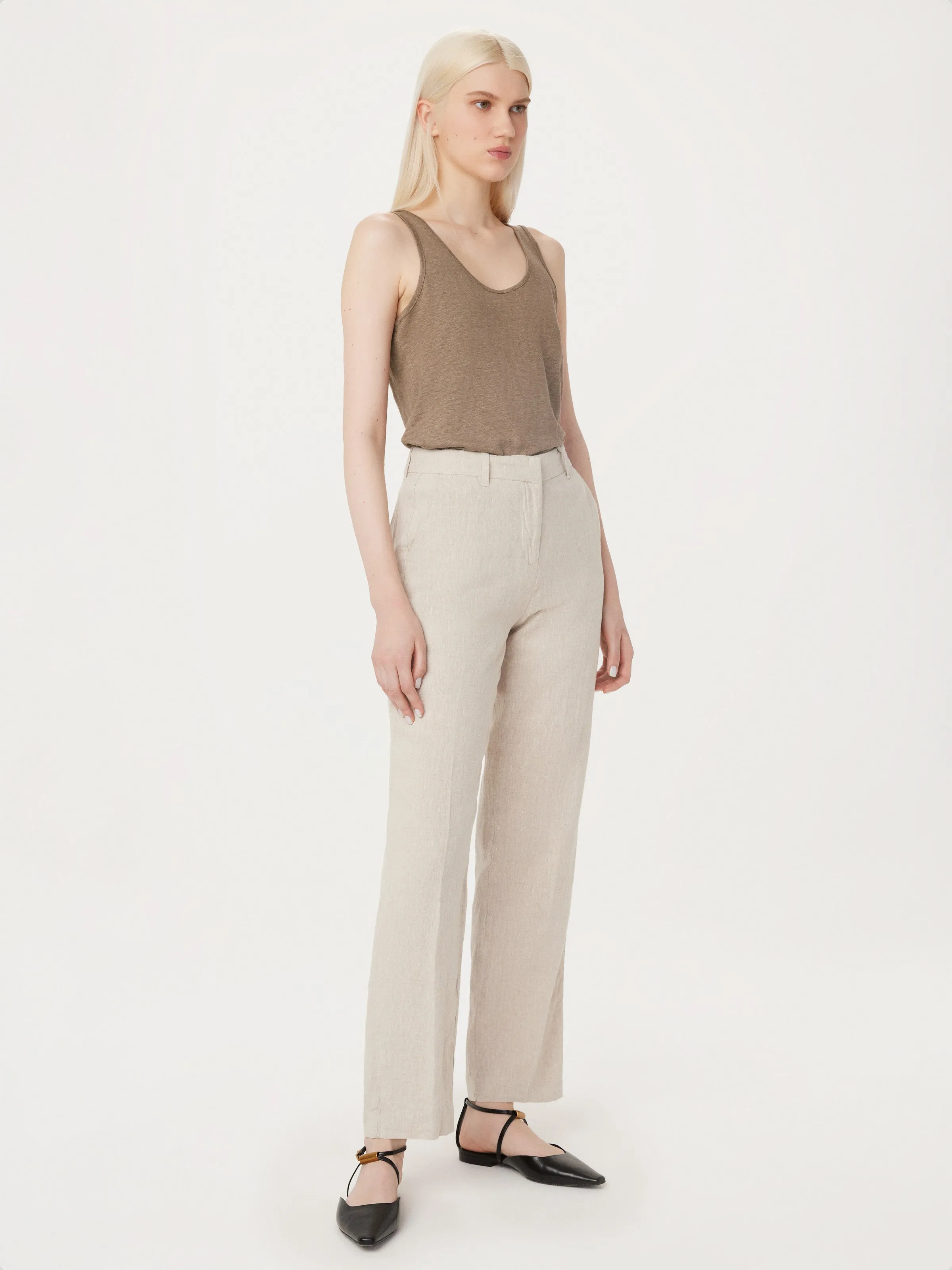 The Jane Linen Straight Pant in Light Beige