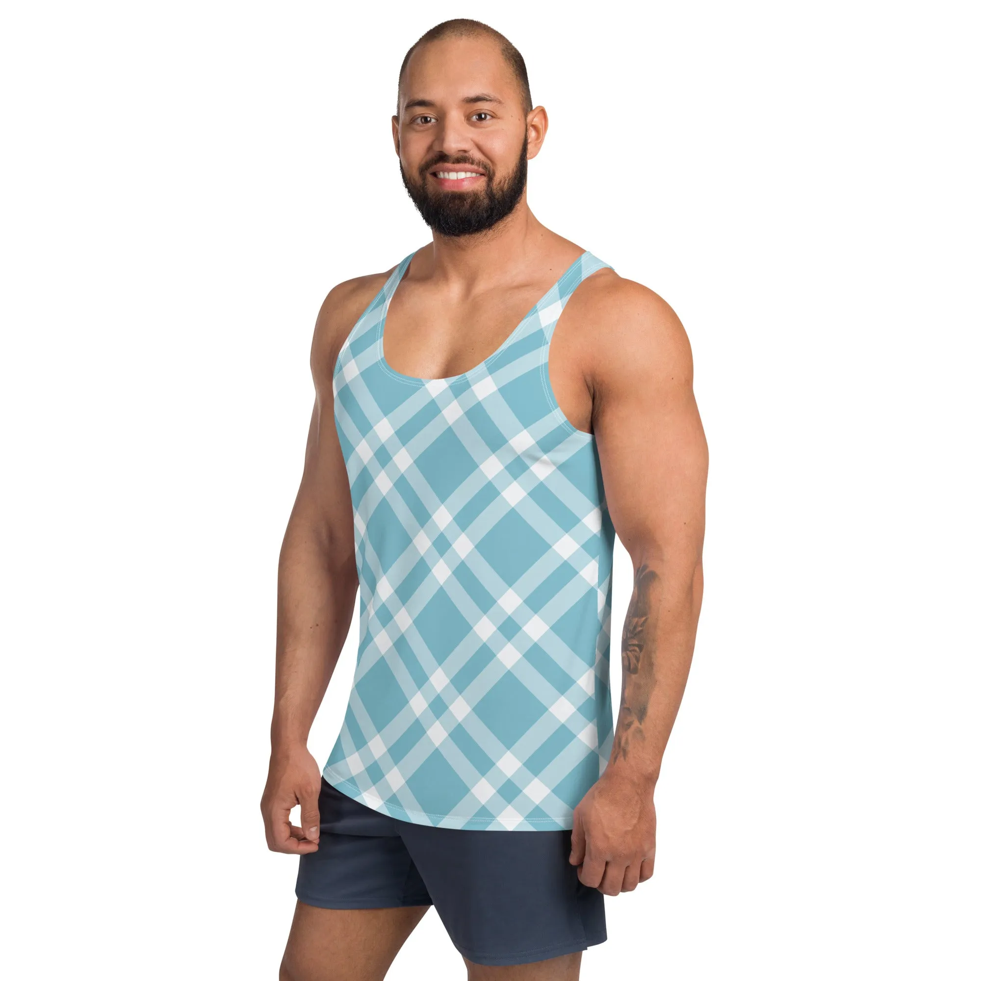 Unisex Tank Top Teal Blue Gingham