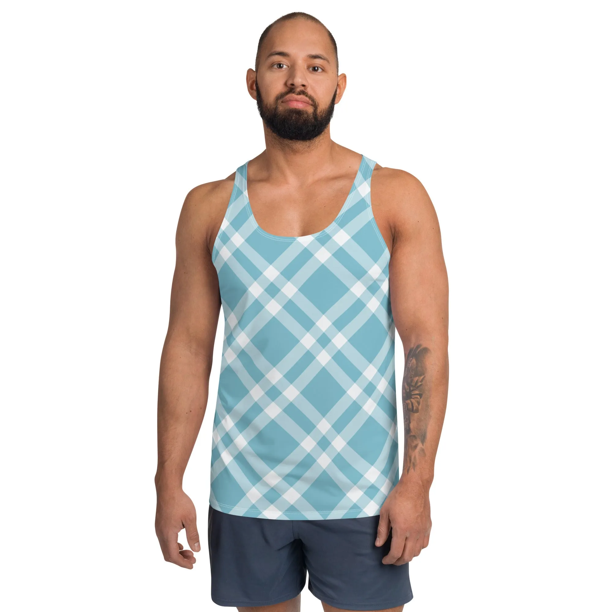 Unisex Tank Top Teal Blue Gingham