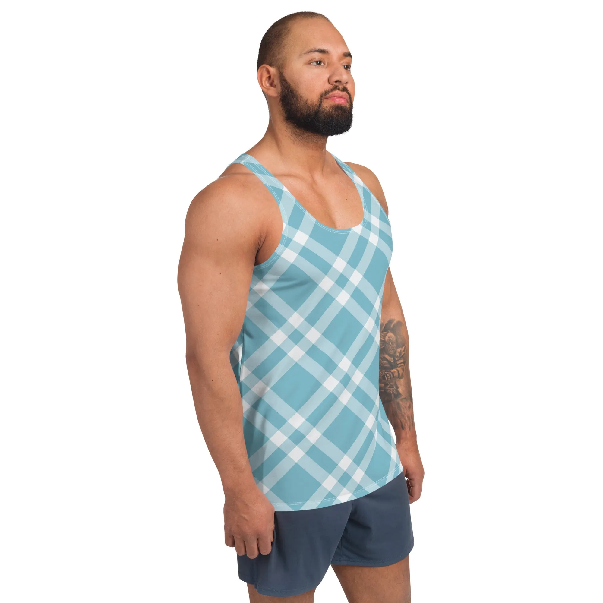 Unisex Tank Top Teal Blue Gingham