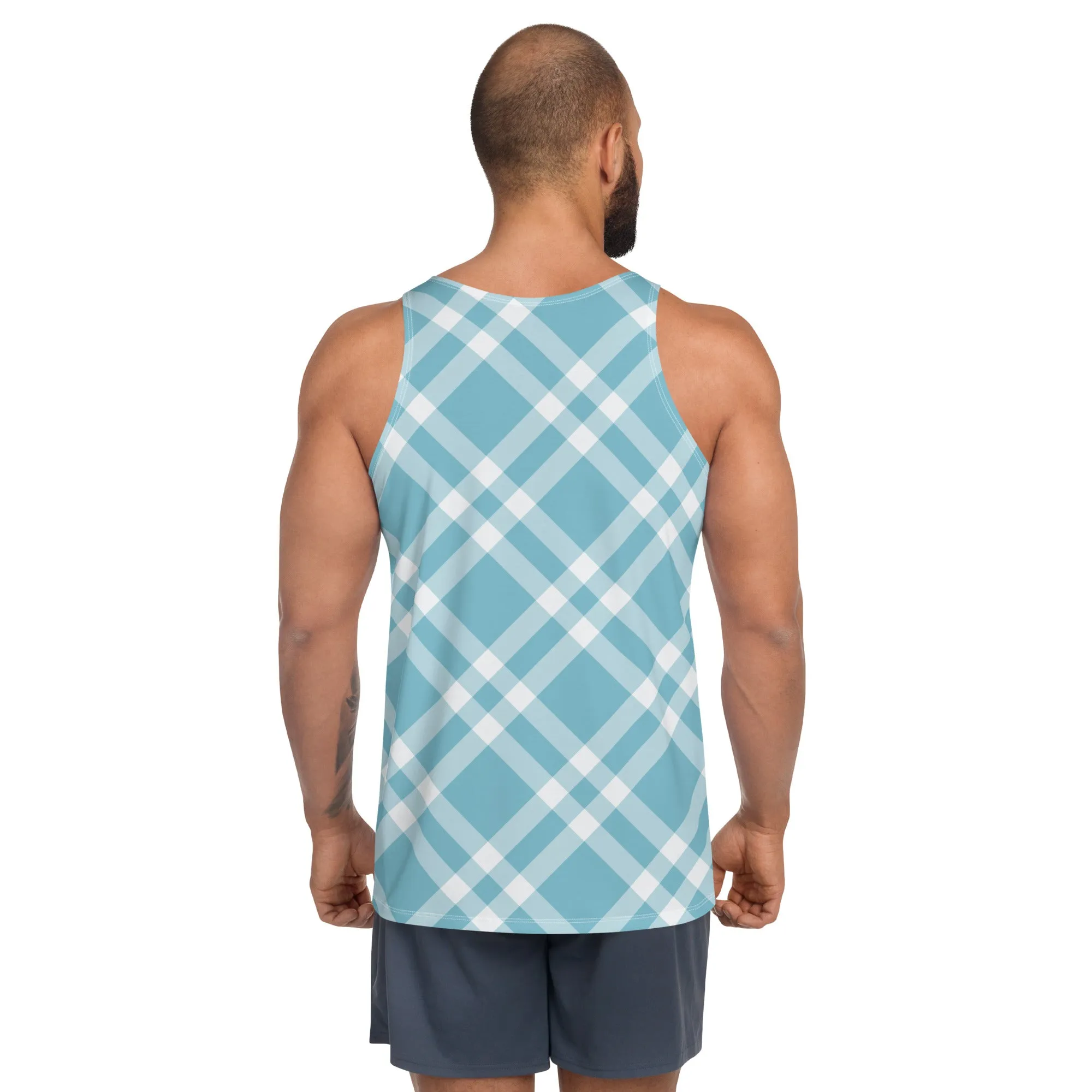 Unisex Tank Top Teal Blue Gingham