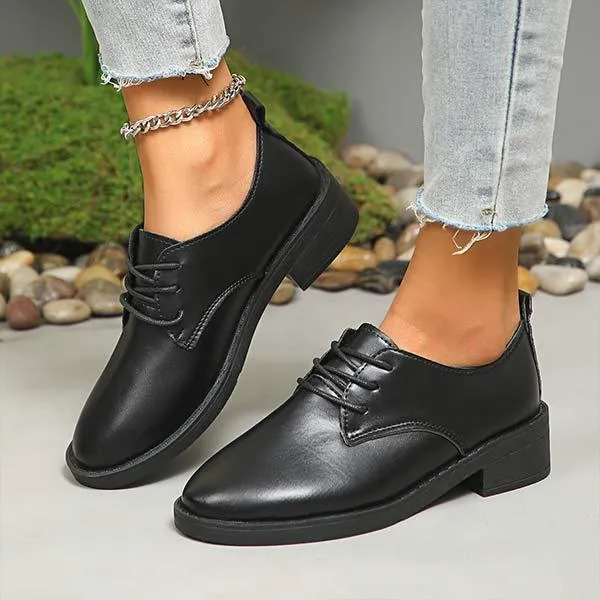 Women's Black Low Heel Chunky Lace-Up Flats 48135459C