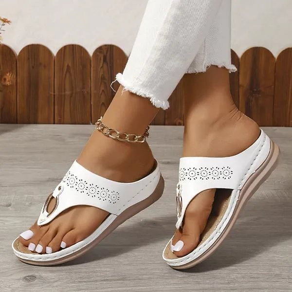 Women's Casual Hollow Metal Buckle Wedge Beach Flip-Flops 22451663S