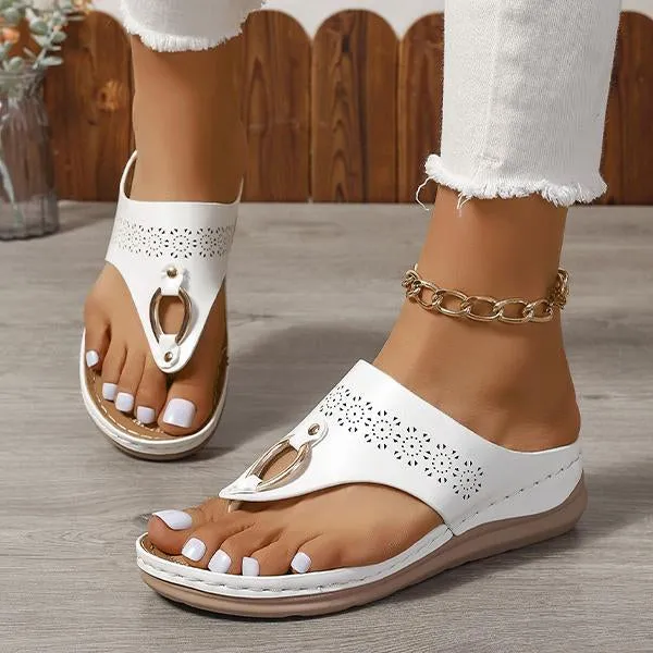 Women's Casual Hollow Metal Buckle Wedge Beach Flip-Flops 22451663S