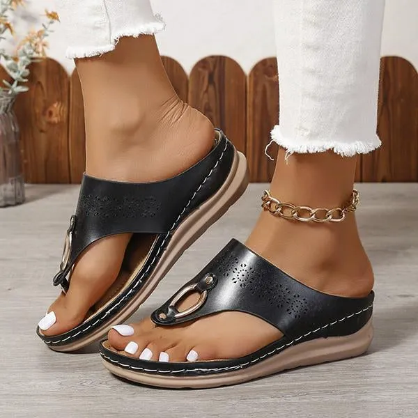 Women's Casual Hollow Metal Buckle Wedge Beach Flip-Flops 22451663S