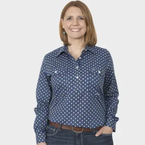 Womens Georgie Half Button Work Shirt - Navy Polka Dots